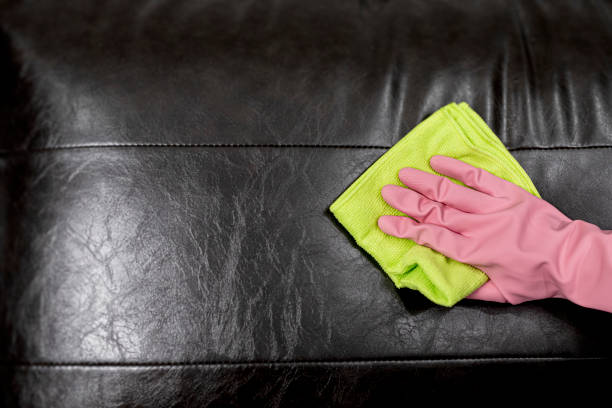 istock Woman wipe sofa with germicidal spray and wipe with towel. 1251391397