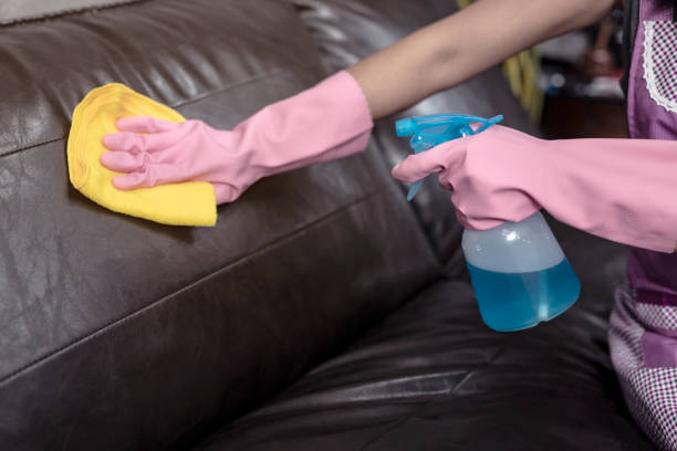 istock Woman wipe sofa with germicidal spray and wipe with towel. 1251391423