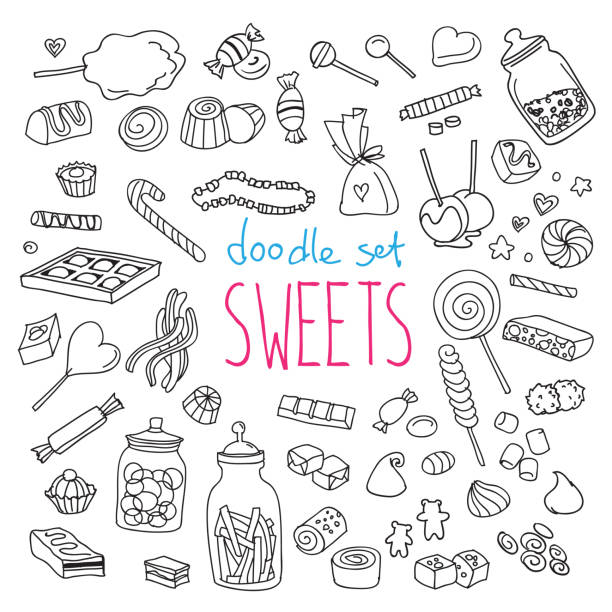 süßigkeiten doodle-set. süßigkeiten, schokolade, karamell, desserts, snacks für kinder-party-menü. - taffy stock-grafiken, -clipart, -cartoons und -symbole