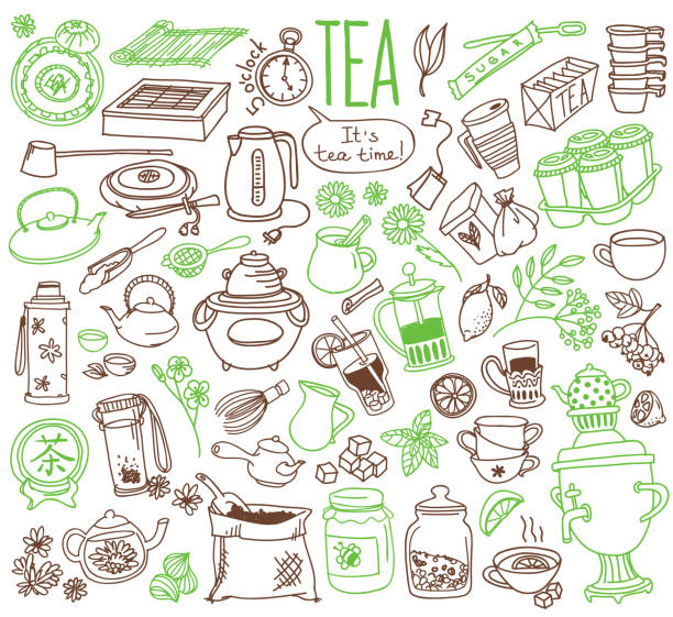 ilustrações, clipart, desenhos animados e ícones de conjunto de rabiscos de chá. variedade de bebidas e acessórios para cerimônia de chá. - five oclock tea