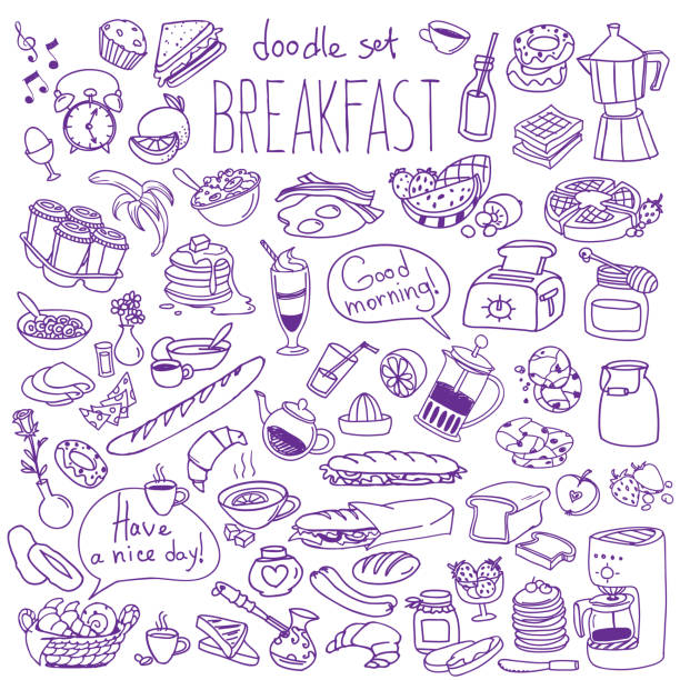 Breakfast and brunch food and drinks doodle set. Vector hand drawn illustration isolated on white background breakfast stock illustrations