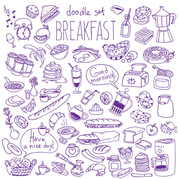 Breakfast and brunch food and drinks doodle set. Vector hand drawn illustration isolated on white background breakfast sandwhich stock illustrations