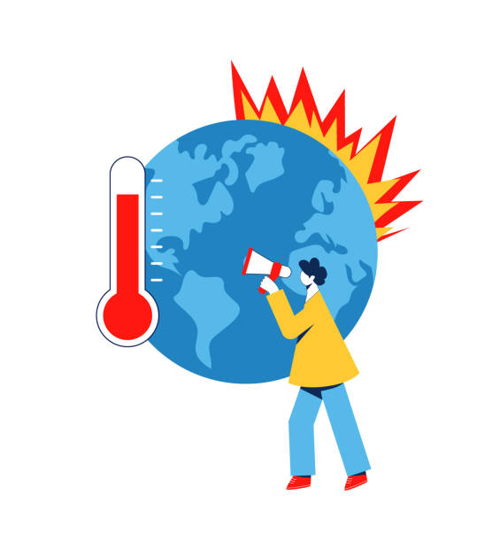 Art & Illustration Climate change concept. Earth warming, forest fires, man with megaphone protesting against climate change. Vector illustration. climate protest stock illustrations