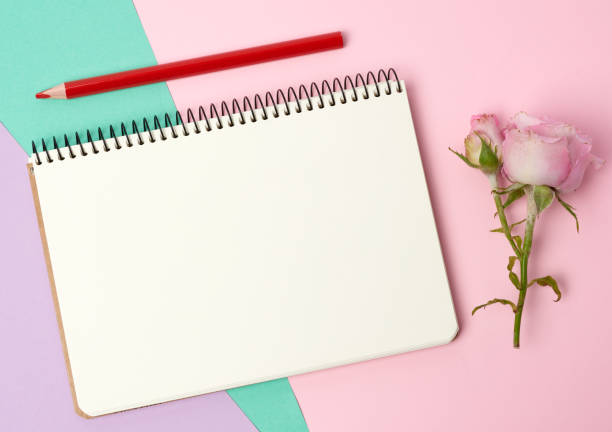 istock open notebook with white sheets and pink rose on a blue pink background 1251398065