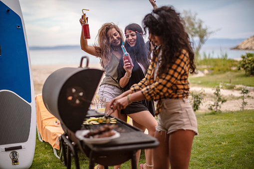 Female friends enjoying bbq party by the sea on their vacation