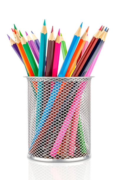 istock Desktop silver metal mesh holder cup with colored pencils inside isolated on white background 1251400265