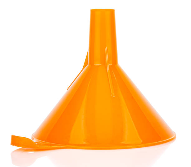 Upside orange plastic funnel isolated on white background Upside orange plastic funnel isolated on white background separating funnel stock pictures, royalty-free photos & images