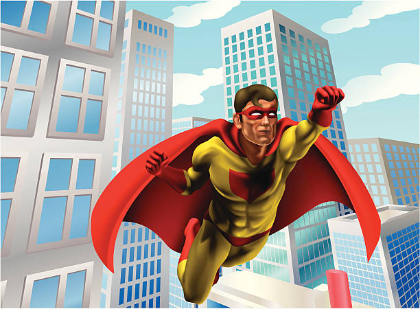 illustrazioni stock, clip art, cartoni animati e icone di tendenza di supereroe volare attraverso città - superhero human muscle men city