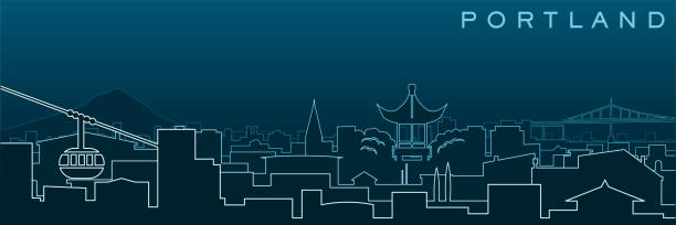 illustrazioni stock, clip art, cartoni animati e icone di tendenza di skyline e luoghi di interesse per le linee multiple di portland - portland oregon skyline cityscape silhouette