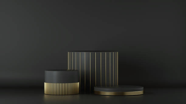 istock 3d render, minimalist black gold background. Empty cylinder podium, vacant pedestal, round stage, showcase stand, product display, platform. Abstract architectural elements. Copy space. Premium design 1251406637