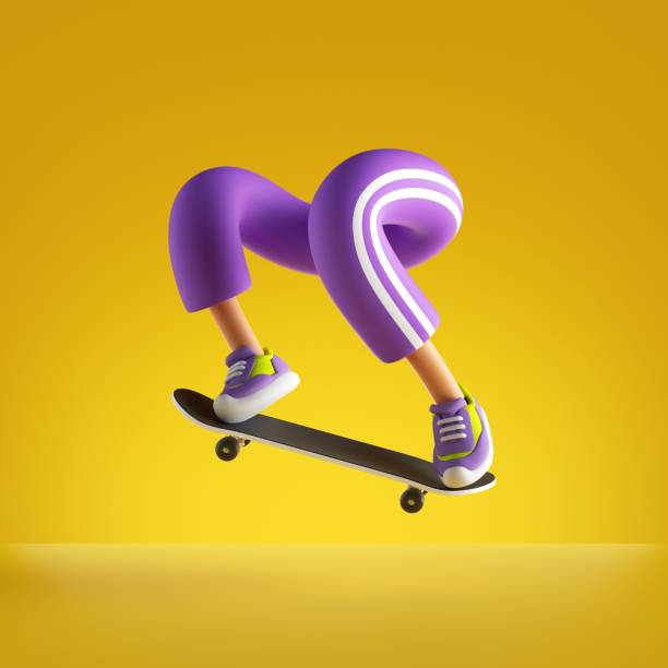 3d рендеринга, смешные ноги персонажа мультфильма и скейтборд изолированы на желтом фоне, экстремальный фристайл скейтбординг трюк, активн� - skateboarding skateboard extreme sports sport стоковые фото и изображения