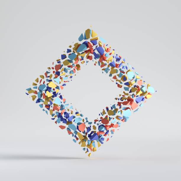 3d render, abstract random particles, mosaic pieces, cracked rhombus, square shape with hole. Blue red yellow elements. Split colorful geometric object isolated on white background. Minimalist design