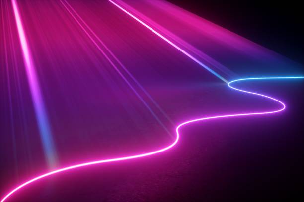 istock 3d render, digital illustration. Neon light abstract background, pink blue rays and wavy line, projecting laser, scanning effect. 1251406758