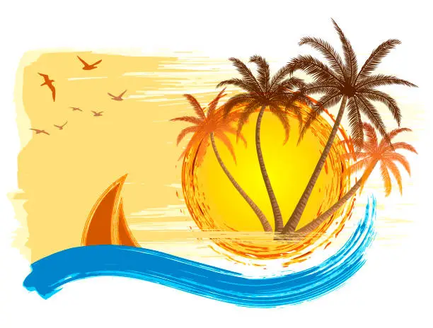 Vector illustration of Summer Tropical Sunset With Palm Trees. Tropical grunge background.
