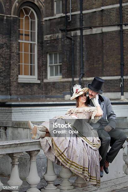 Victorian Romantic Couple On Balustrade Stock Photo - Download Image Now - Victorian Style, Couple - Relationship, Kissing