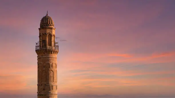 Mardin, Turkey - January 2020: Minaret of Ulu Cami, also known as Great mosque of Mardin suitable for copy space