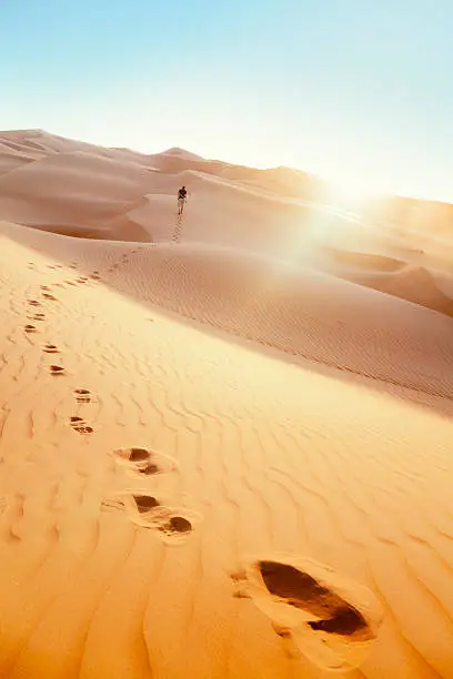 Male hiker from behind, walking across sand dunes in the desert towards the sunset, leaving trails / footprints in the sand.