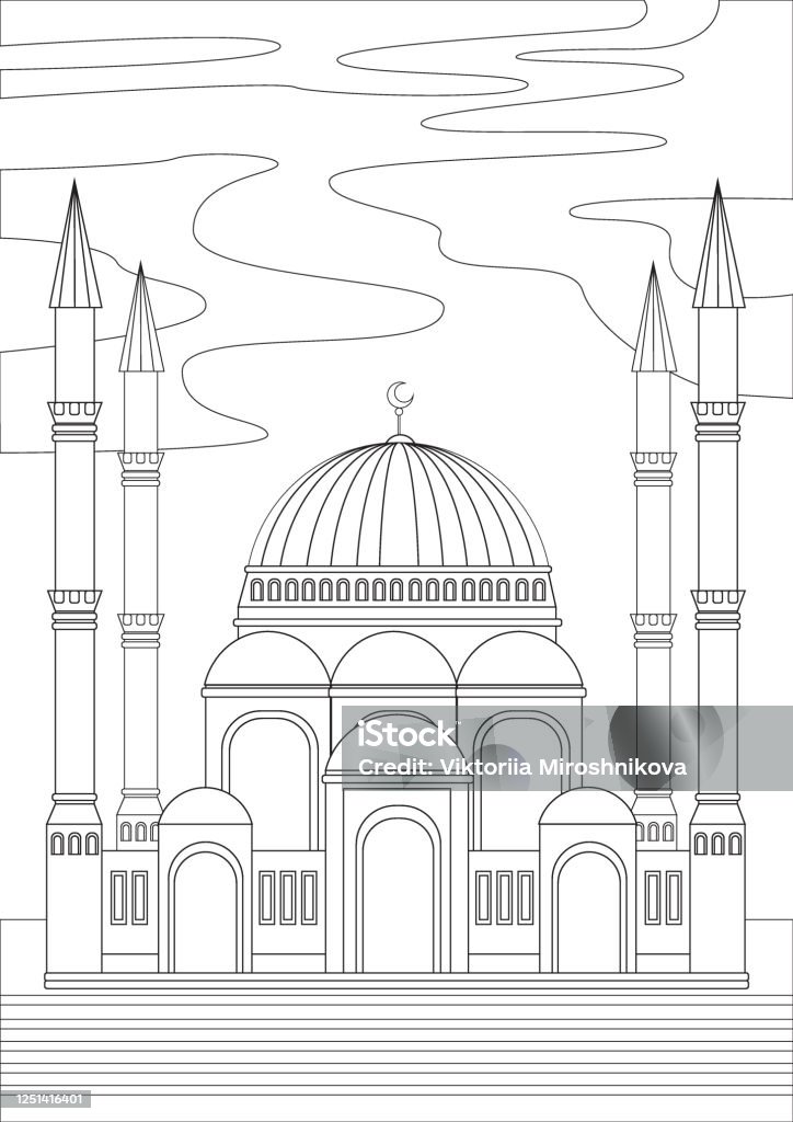 Page de coloriage avec la mosquée islamique comme concept de l’architecture orientale, contour de stock vectoriel illustration comme thérapie anti stress - clipart vectoriel de Mosquée libre de droits