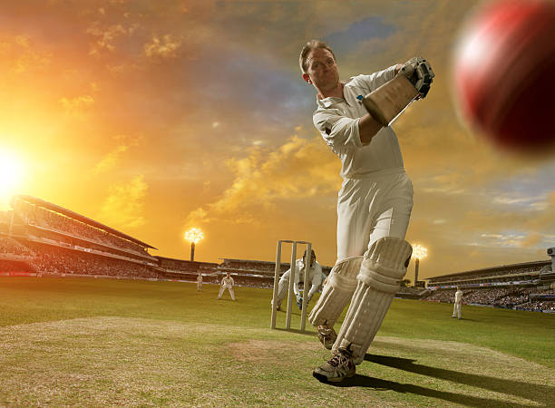 Cricket Batsman in Action selective focus image of game of cricket action inside a stadium showing batsman just striking ball cricket stump stock pictures, royalty-free photos & images