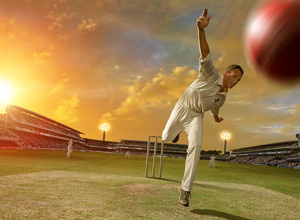 Cricket Bowler in Action selective focus image of game of cricket action inside a stadium showing bowler bowling cricket bowler stock pictures, royalty-free photos & images