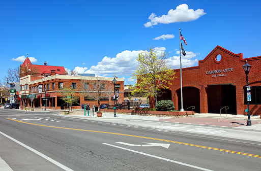 Carson City, Nevada, USA - April 24, 2019: Daytime view of City Hall along N Carson Street in the heart of the downtown district