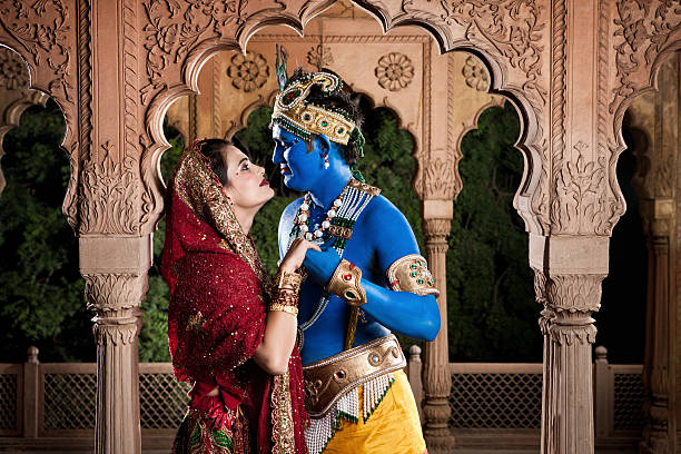 Intimate Lord Krishna and Radha An intimate moment between Lord Krishna and his lover, Radha. In Indian mythology, Lord Krishna is a Hindu deity, often portrayed as a god-child, a prankster, a model lover, and a divine hero. Here, I have chosen to focus on his status as the ideal lover. radha krishna stock pictures, royalty-free photos & images