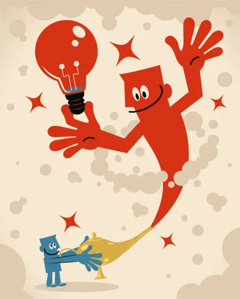 Vector illustration of Smiling businessman is rubbing his magic lamp and then this giant genie with a super great idea light bulb is coming out