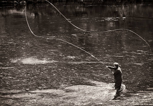 フライフィッシングキャスティング - fly fishing fishing river fisherman ストックフォトと画像