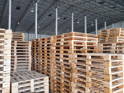 Wooden crates in a storage warehouse. 
