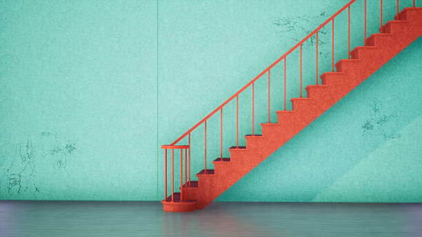 red staircase in modern mint green building design, 3d rendering