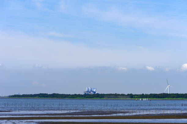 Tokyo Bay and Tokyo Gate Bridge against blue sky.