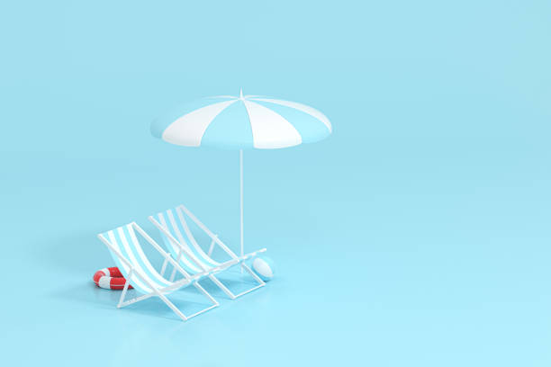 istock Sunshade, beach chair with blue background, 3d rendering. 1251430029