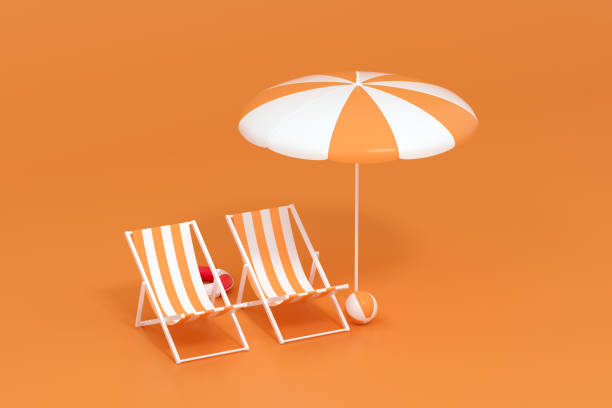 istock Sunshade, beach chair with orange background, 3d rendering. 1251430039