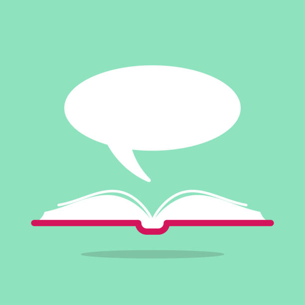 istock Open book with red book cover and white speech bubble flying out. Isolated on powder blue background. 1251430056