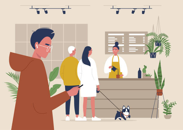 ilustrações, clipart, desenhos animados e ícones de uma cena moderna de cafeteria, uma fila de personagens esperando no balcão, ilustração de estilo de vida, um café amigável para cães - fila arranjo