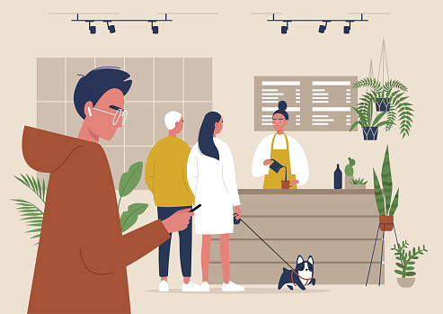 A modern coffeeshop scene, A line of characters waiting at the counter, lifestyle illustration, a dog-friendly coffee place