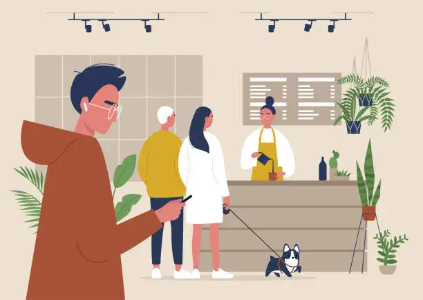 Vector illustration of A modern coffeeshop scene, A line of characters waiting at the counter, lifestyle illustration, a dog-friendly coffee place