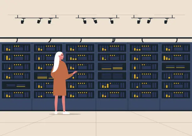 Vector illustration of Data center, server room, young female character standing next to a hard drive rack, new technologies