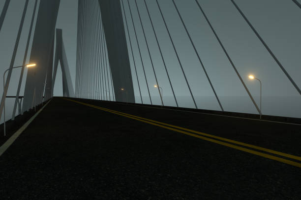 istock Asphalt road on the suspension bridge at night, 3d rendering. 1251431041