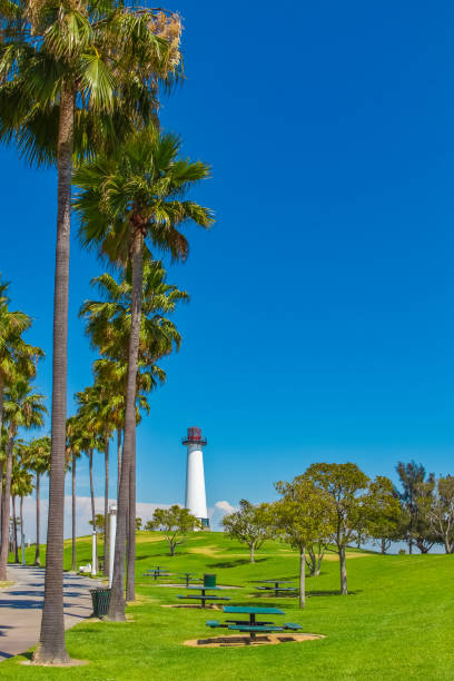 lions lighthouse in shoreline aquatic park at long beach ca - long beach california lighthouse los angeles county imagens e fotografias de stock