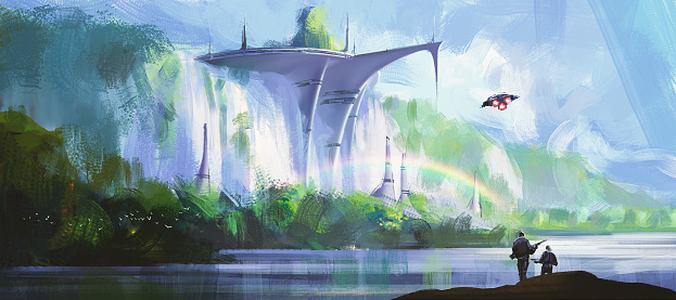 Military base by the waterfall, digital painting.