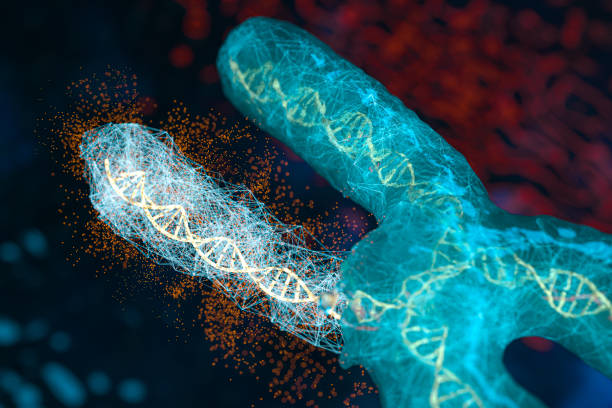 istock Mutation of chromosome with dark background, 3d rendering. 1251434858
