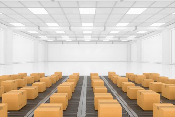 istock Transportation of the container box on the conveyer belt, 3d rendering. 1251435058
