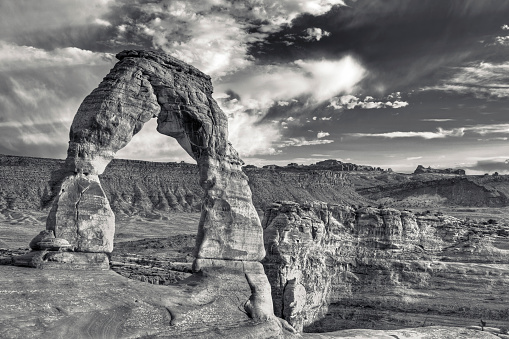 Delicate Arch, Arches National Park. The photo was taken with the HDR technique which combines photos taken at different exposure and blended together. It was then converted to black and white.