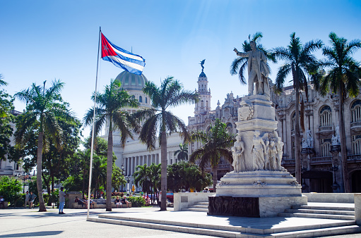Old Havana, La Havana, Cuba - Feb, 2020: Landscape view of the Central Park of Havana. Iconic architectural elements are seen in the picture like the Capitol of Havana, the Great Theater of Havana “Alicia Alonso”  and the Statue of Jose Marti