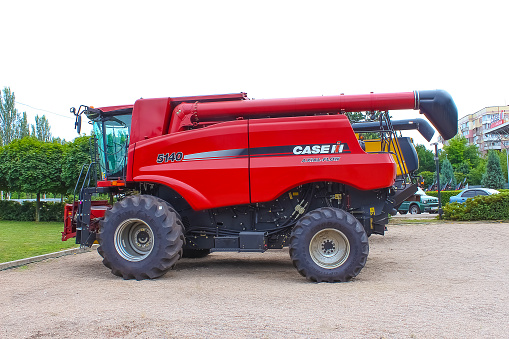 Kyiv, Ukraine - June 16, 2020: Modern Axial-Flow 140 by Case IH combine at road at Kyiv, Ukraine on June 16, 2020