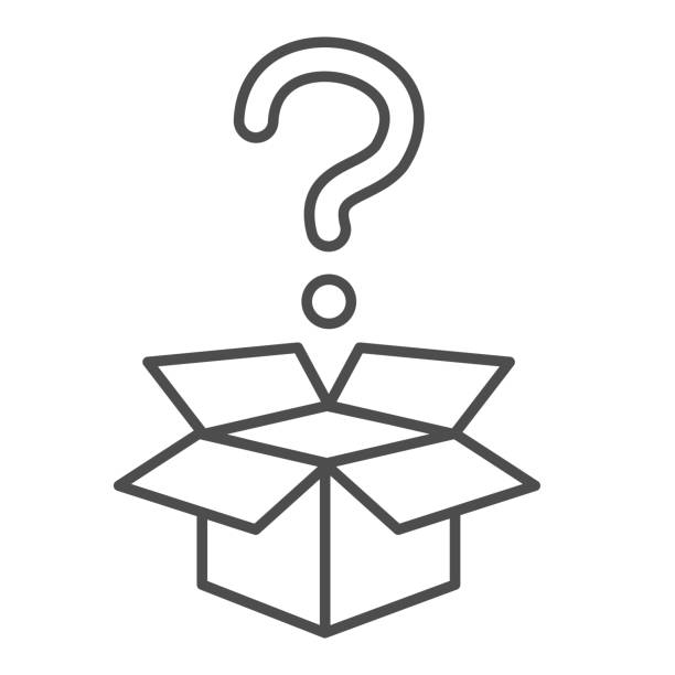 Question and box thin line icon, delivery concept, carton box with question mark sign on white background, Open cardboard box with question above box icon in outline style. Vector graphics. Question and box thin line icon, delivery concept, carton box with question mark sign on white background, Open cardboard box with question above box icon in outline style. Vector graphics mystery illustrations stock illustrations