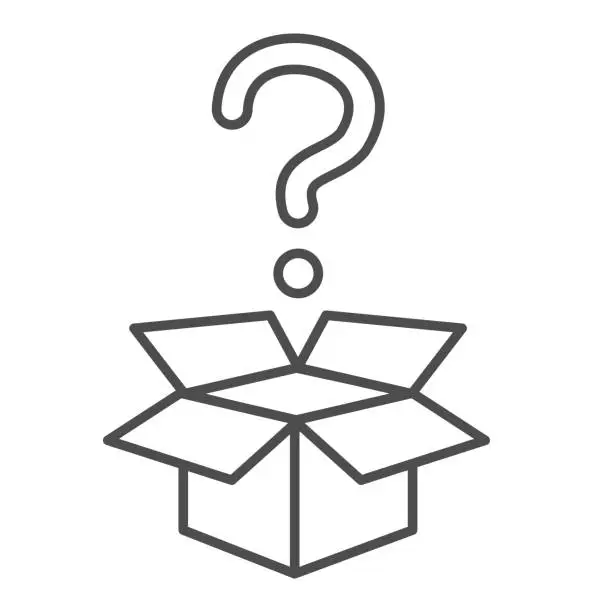 Vector illustration of Question and box thin line icon, delivery concept, carton box with question mark sign on white background, Open cardboard box with question above box icon in outline style. Vector graphics.