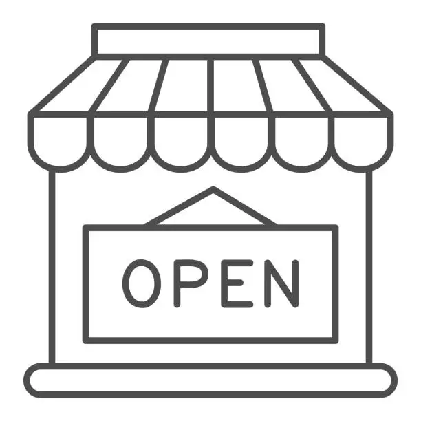 Vector illustration of Open shop building thin line icon, market concept, Store with open signboard on white background, Store with sign open icon in outline style for mobile concept and web design. Vector graphics.