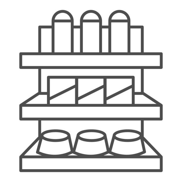 상품 얇은 라인 아이콘, 시장 컨셉, 흰색 배경에 다양한 제품 표지판이있는 상점 선반, 모바일, 웹을위한 윤곽 스타일의 슈퍼마켓 상점 선반 아이콘이있는 매장 선반. 벡터 그래픽. - shelf stock illustrations